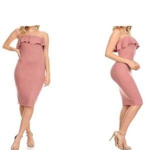 SALE! Pink Slim Ruffled Bodycon Midi Dress mauve small